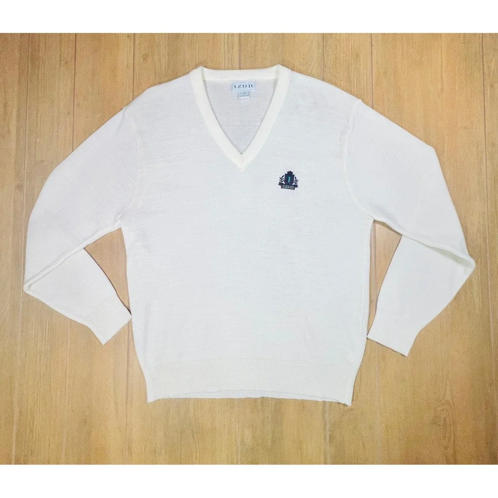 Vintage Izod Mens V-Neck Sweater White Acrylic‎ Knit Crest Logo 30741 J94 Medium